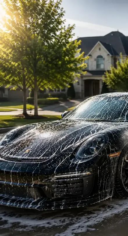 Voiture de sport noire couverte de mousse pendant un lavage